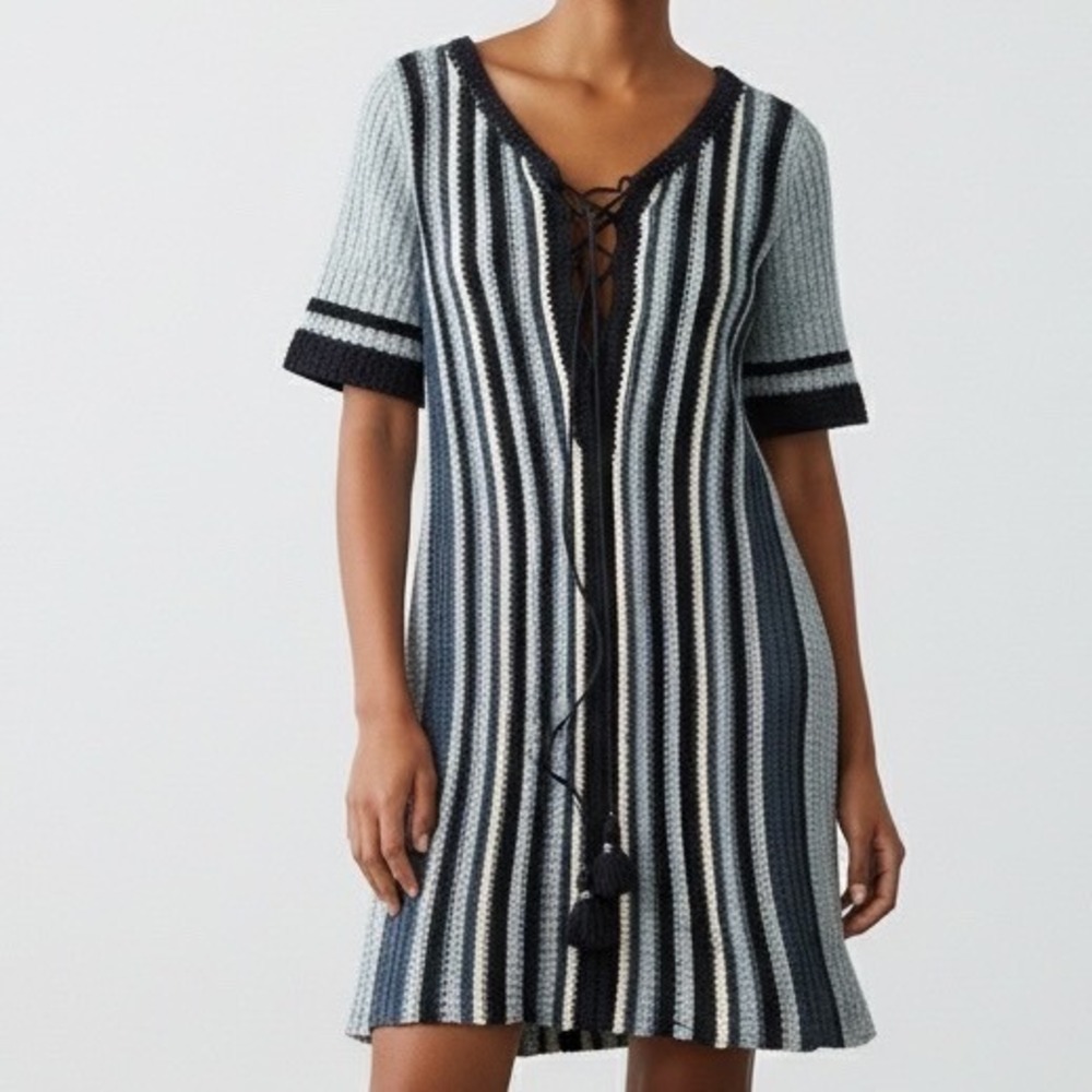 Free People Crochet Lace‎ Up Striped Mini Dress Blue Navy XS cottagecore beachy